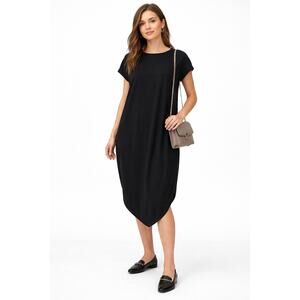 Universal Standard Black Midi Dress Minimalist Cocoon Hem Short Sleeve Size S